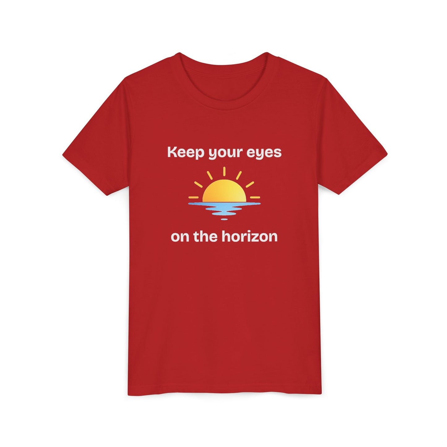 Youth Tee — "Keep Your Eyes on the Horizon" Sunrise Graphic
