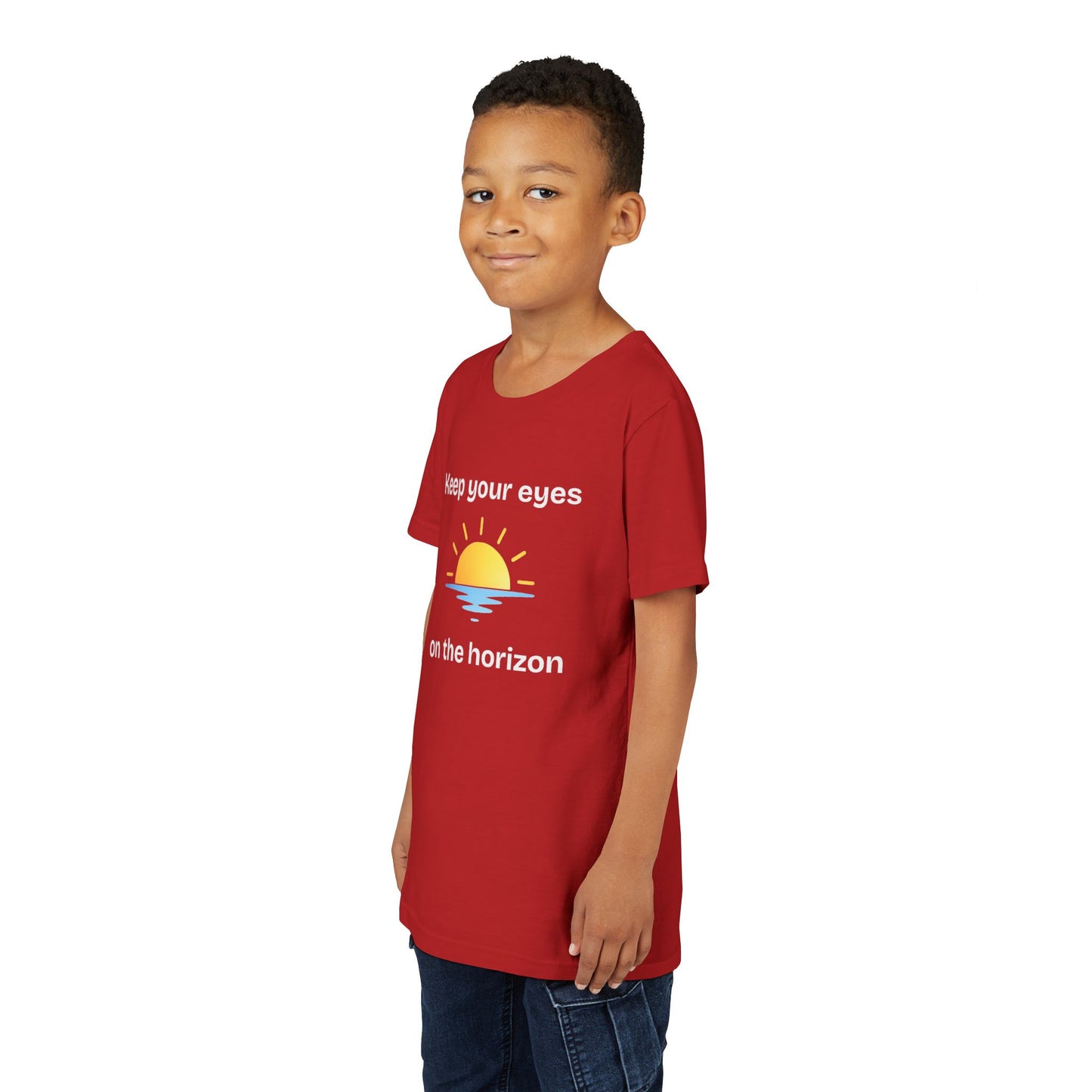 Youth Tee — "Keep Your Eyes on the Horizon" Sunrise Graphic