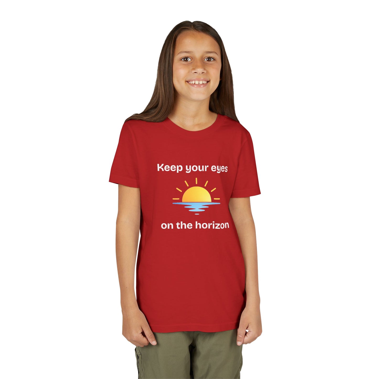 Youth Tee — "Keep Your Eyes on the Horizon" Sunrise Graphic